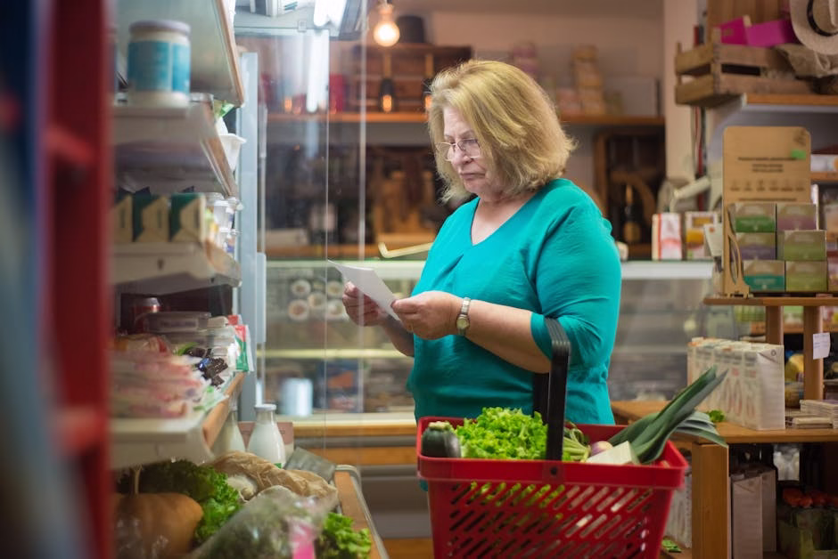 person writing a grocery list with fresh vegetables nearby